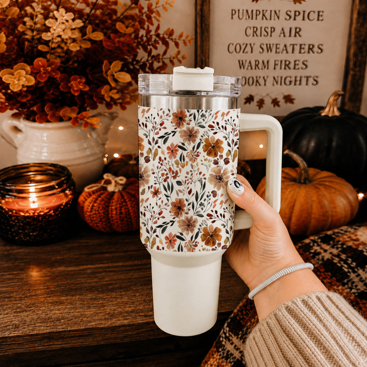 40oz floral insulated tumbler with handle, clear lid, and straw on tabletop