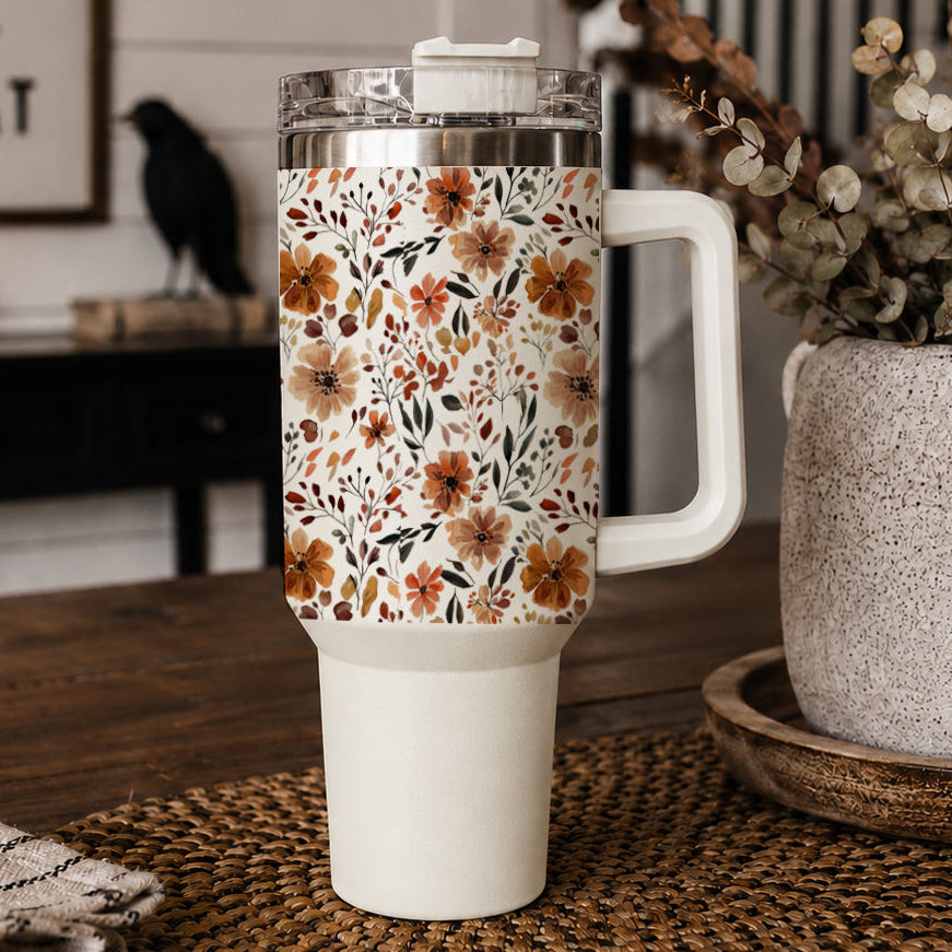 40oz floral travel tumbler with white straw, clear lid, and side handle