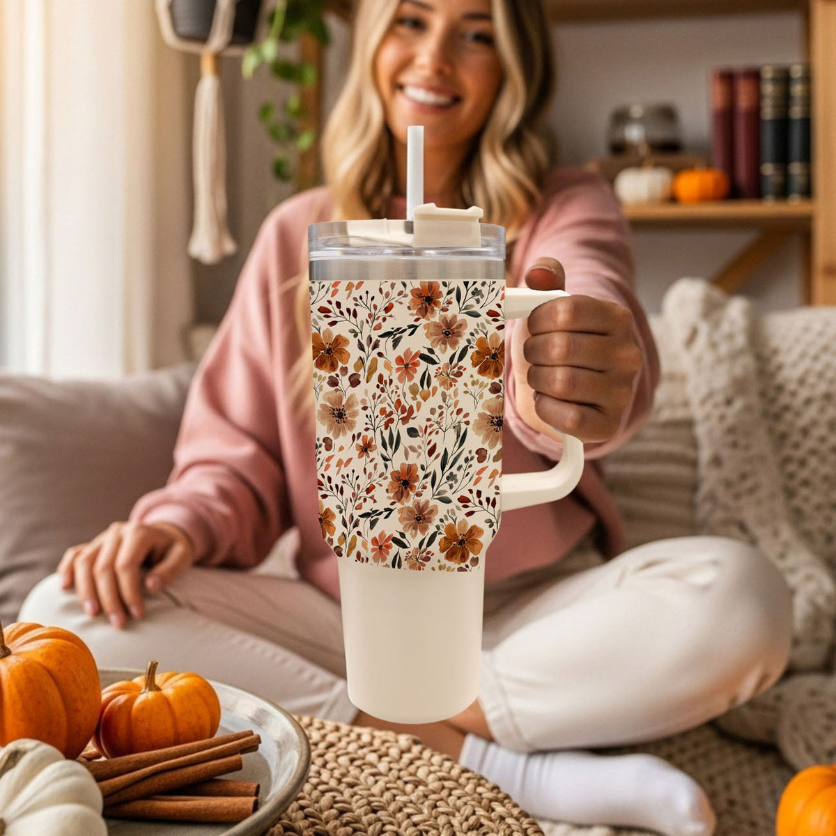 Floral 40oz tumbler, floral autumn print with clear lid, straw, and white side handle
