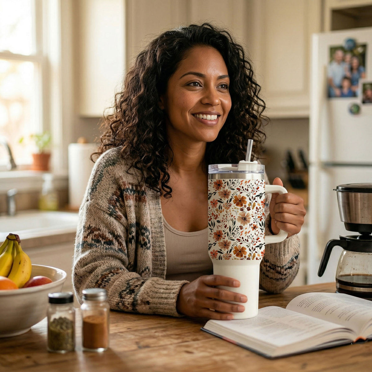 40oz insulated tumbler with straw, white base and autumn floral pattern