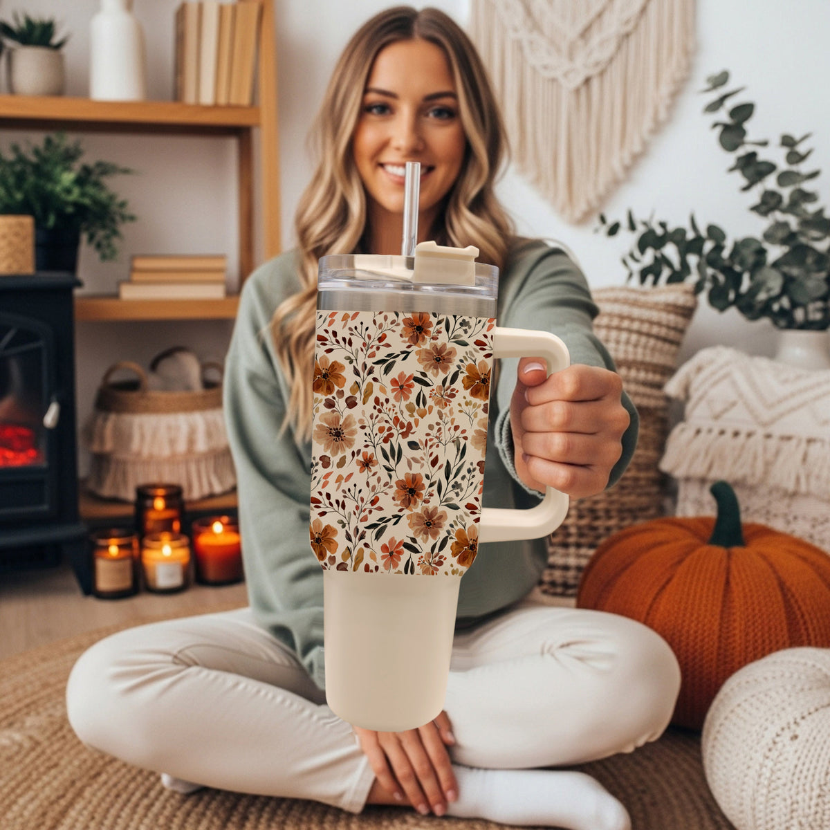 Floral 40oz insulated tumbler with clear lid and straw, white base, autumn flower print