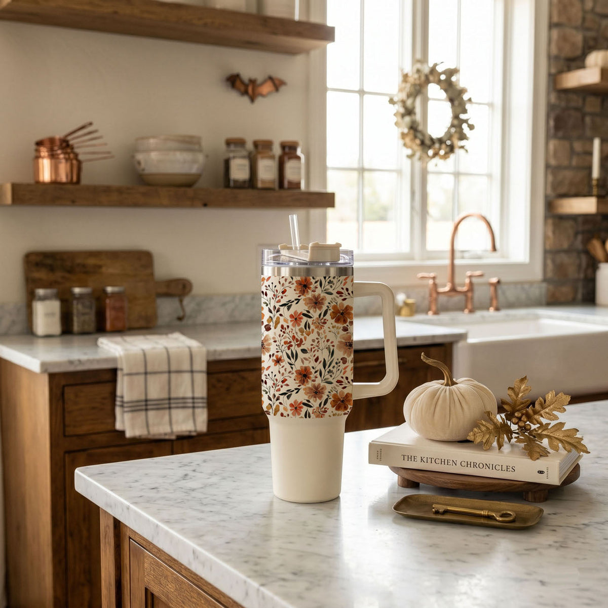 Autumn floral travel tumbler with straw and handle on kitchen counter