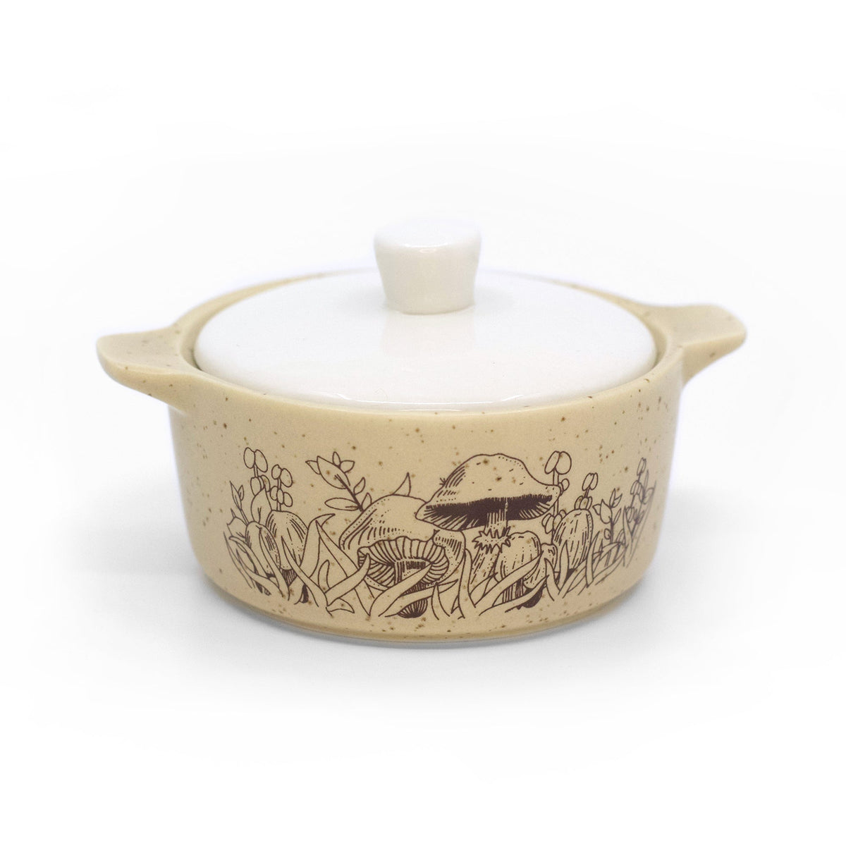 Beige ceramic casserole-style trinket box with white lid and forest line-art design