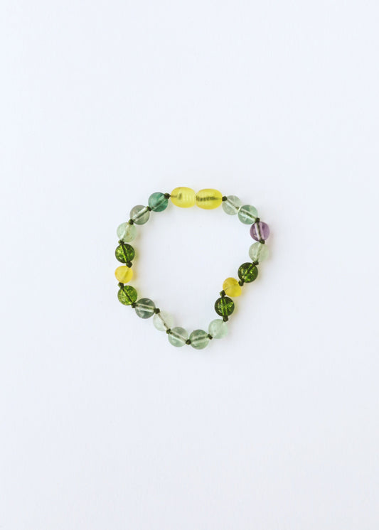 Green and yellow gemstone beaded bracelet, round faceted beads