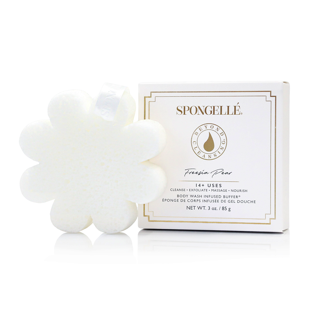 SPONGELLE boxed flower cleanser in white, with white flower-shaped sponge