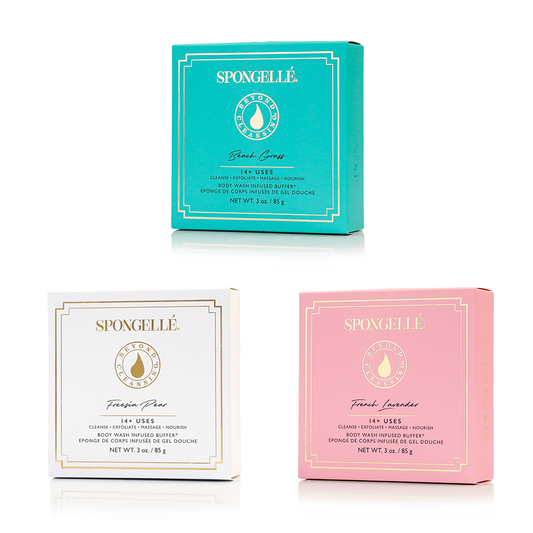 Spongellé boxed bath sponge set in teal, white, and pink
