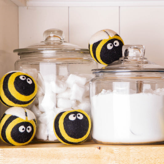 Plush bee dryer balls, yellow-and-black striped round plush with cute white eyes