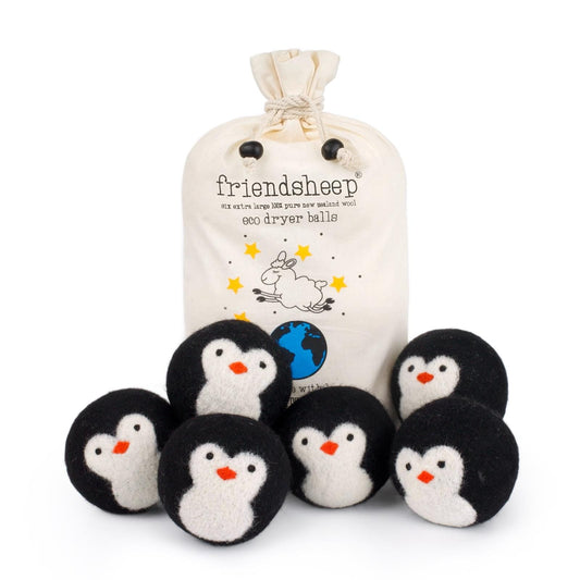 Eco dryer balls set with six penguin plush in a drawstring fabric bag