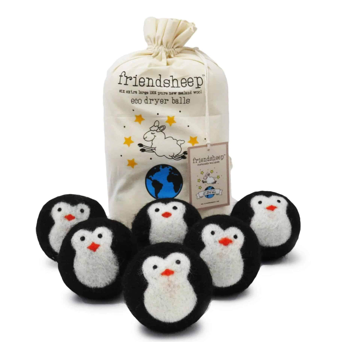 Eco dryer balls set featuring seven penguin plush toys in a fabric drawstring pouch