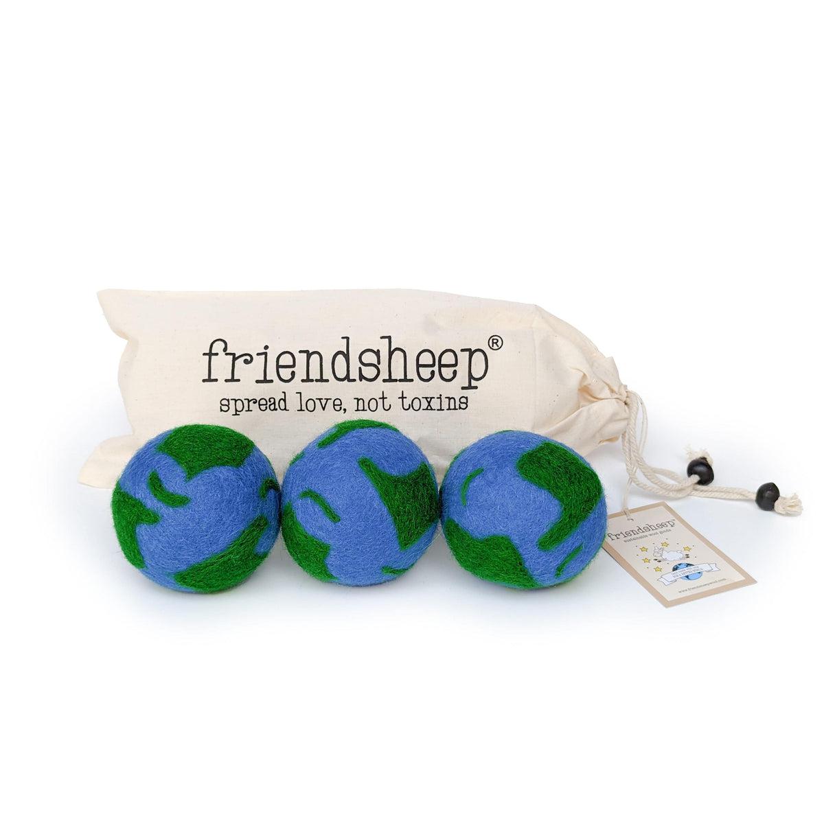 Felt globe plush trio in a drawstring pouch, blue and green planet designs