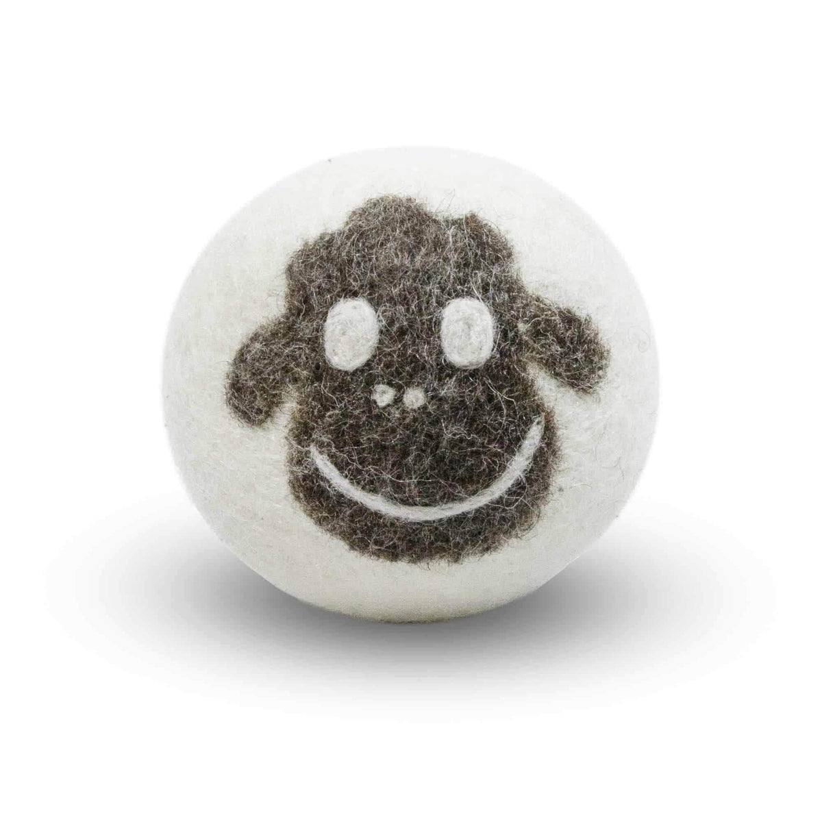 Round felt wool sheep dryer ball with smiling face and white ear accents