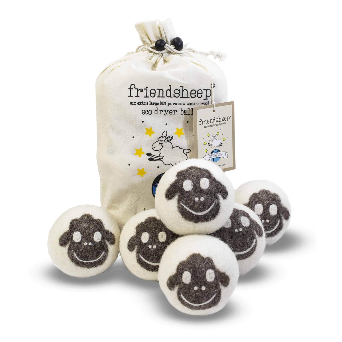 Wool sheep dryer ball set with drawstring storage bag and six felt balls