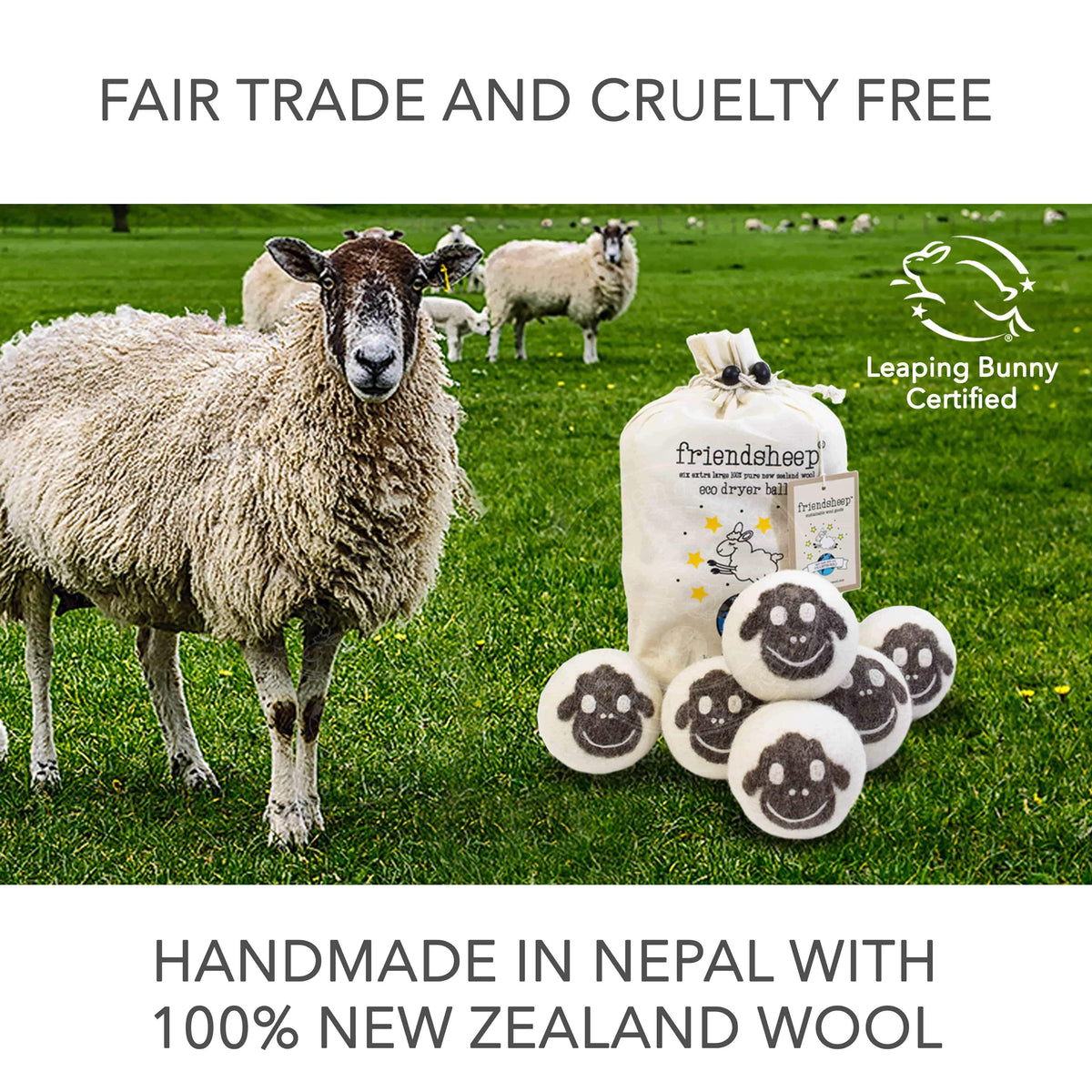 Wool sheep dryer balls and drawstring bag with sheep-themed packaging