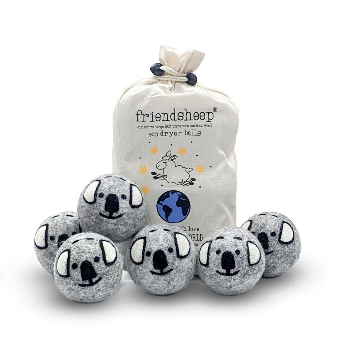 Koala dryer balls set in a drawstring bag, with six gray koala plush balls