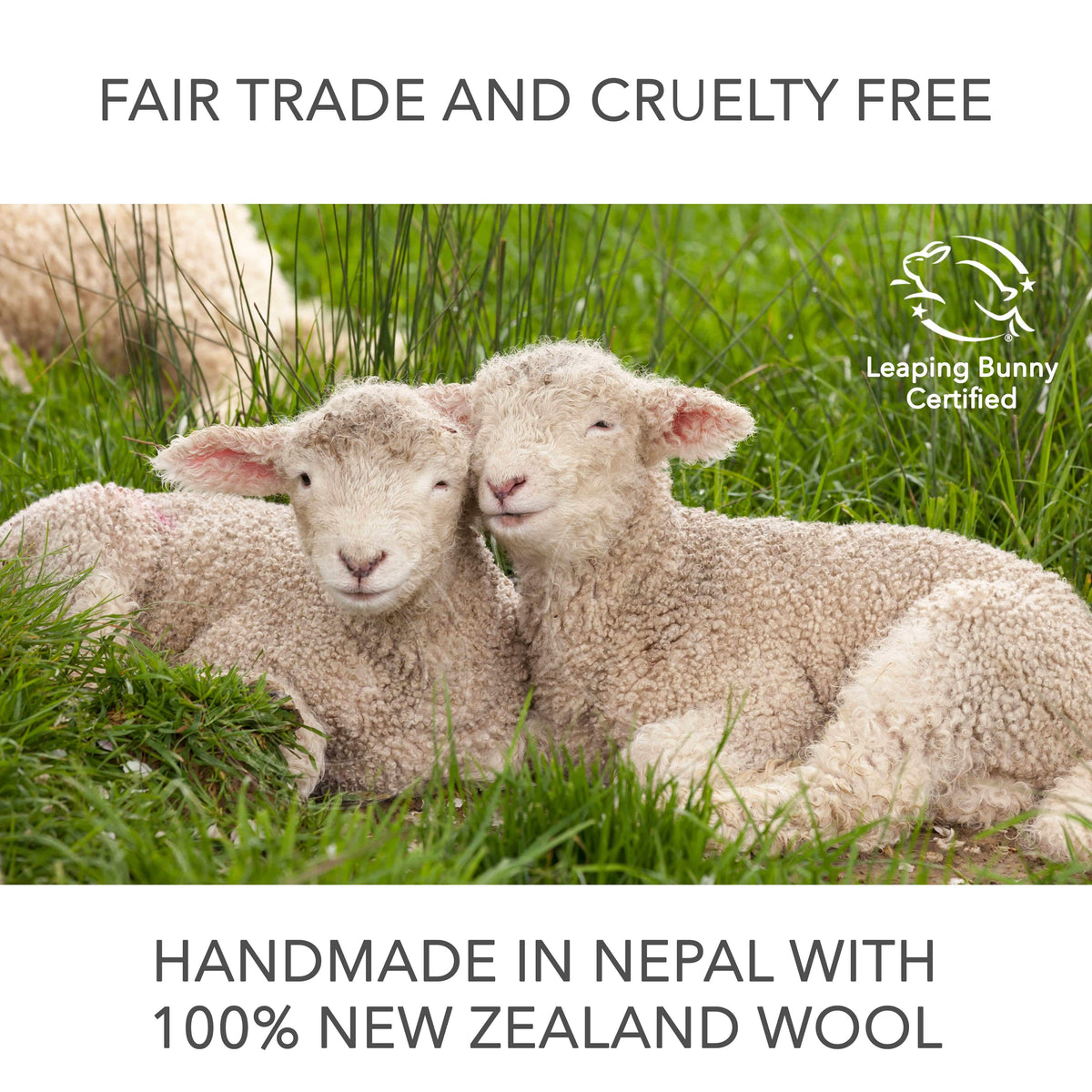 Brand infographic: fair trade and cruelty free, handmade in Nepal with New Zealand wool