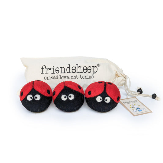 Plush ladybug trio set of three red-and-black felt ladybugs in a drawstring pouch