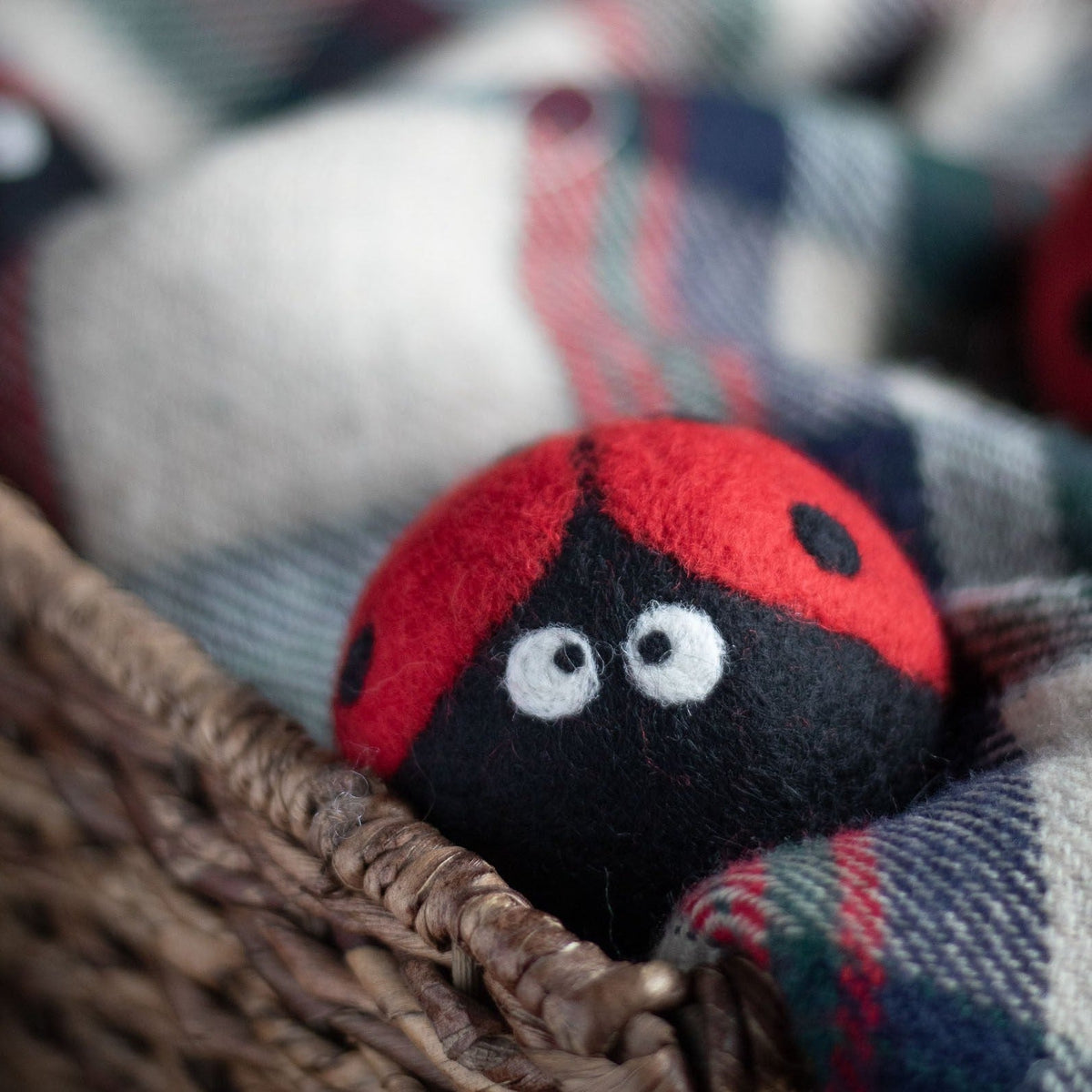 Plush ladybug perched on woven basket edge with red wings and black body eyes