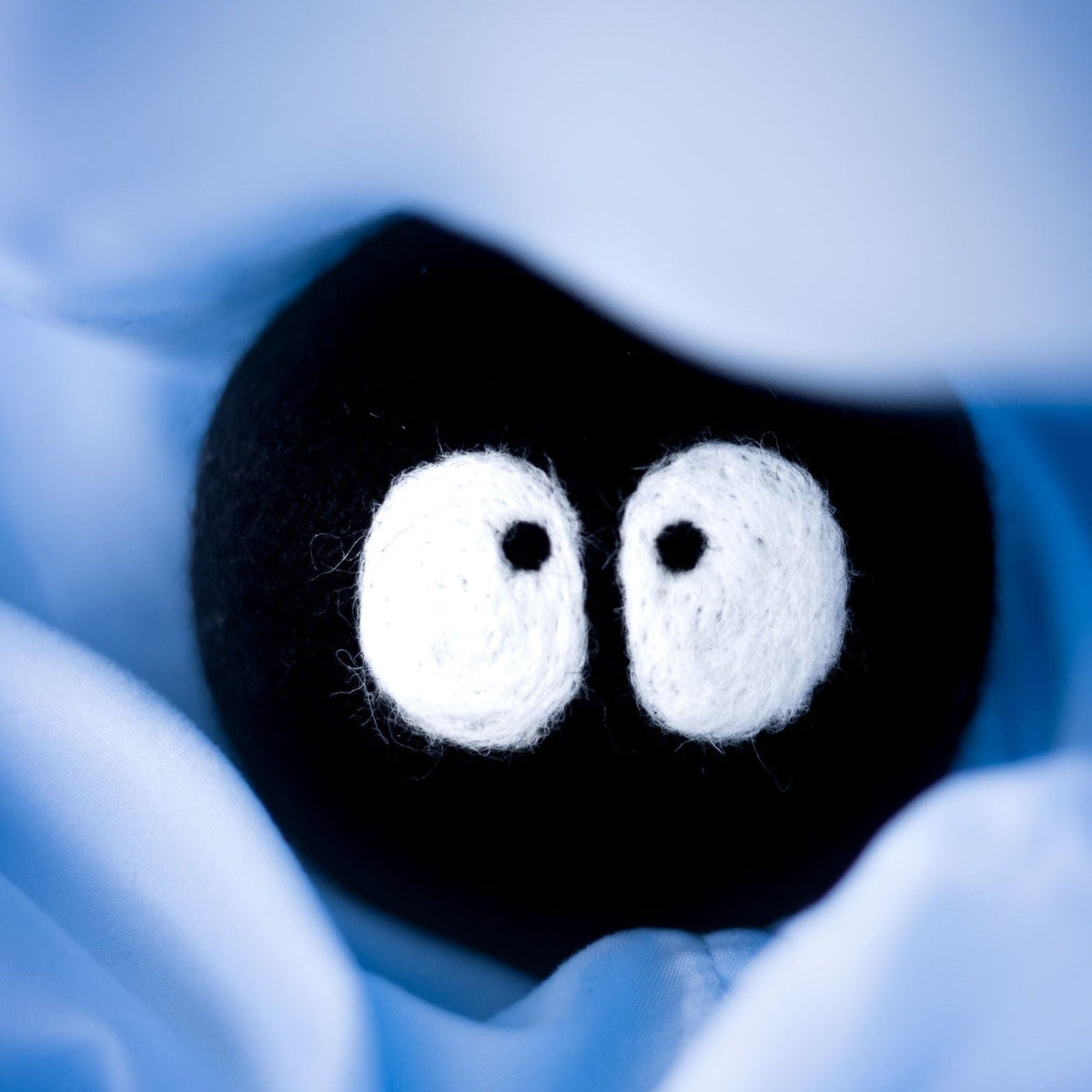 Close-up of a black plush laundry ball with two white felt eyes