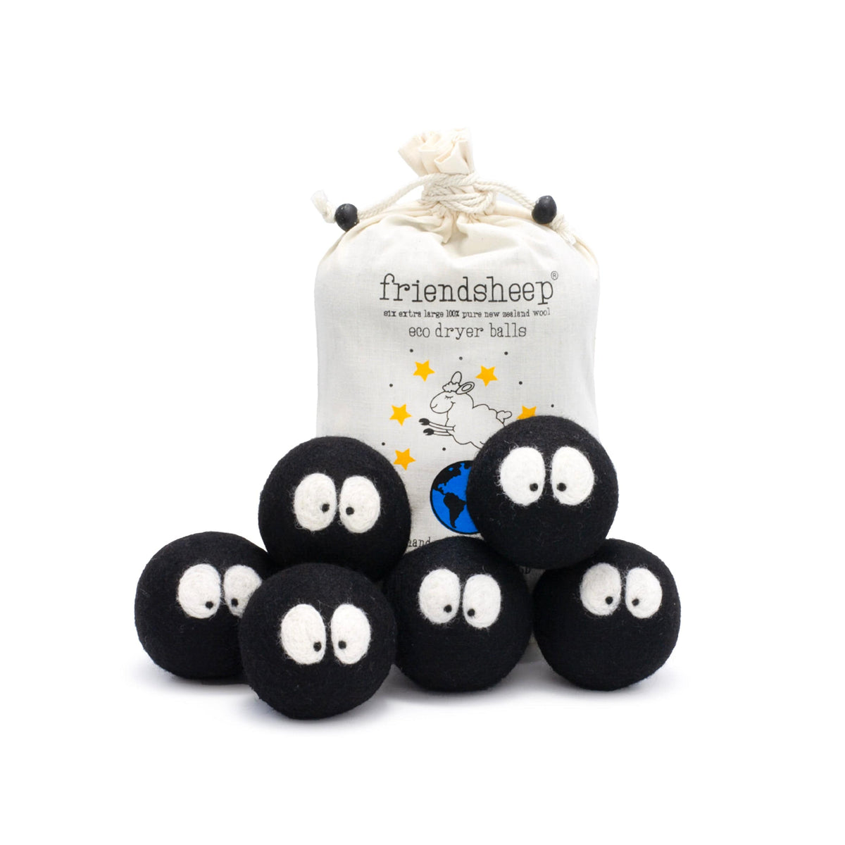 Set of 6 plush black laundry dryer balls with sheep faces, in a white drawstring pouch