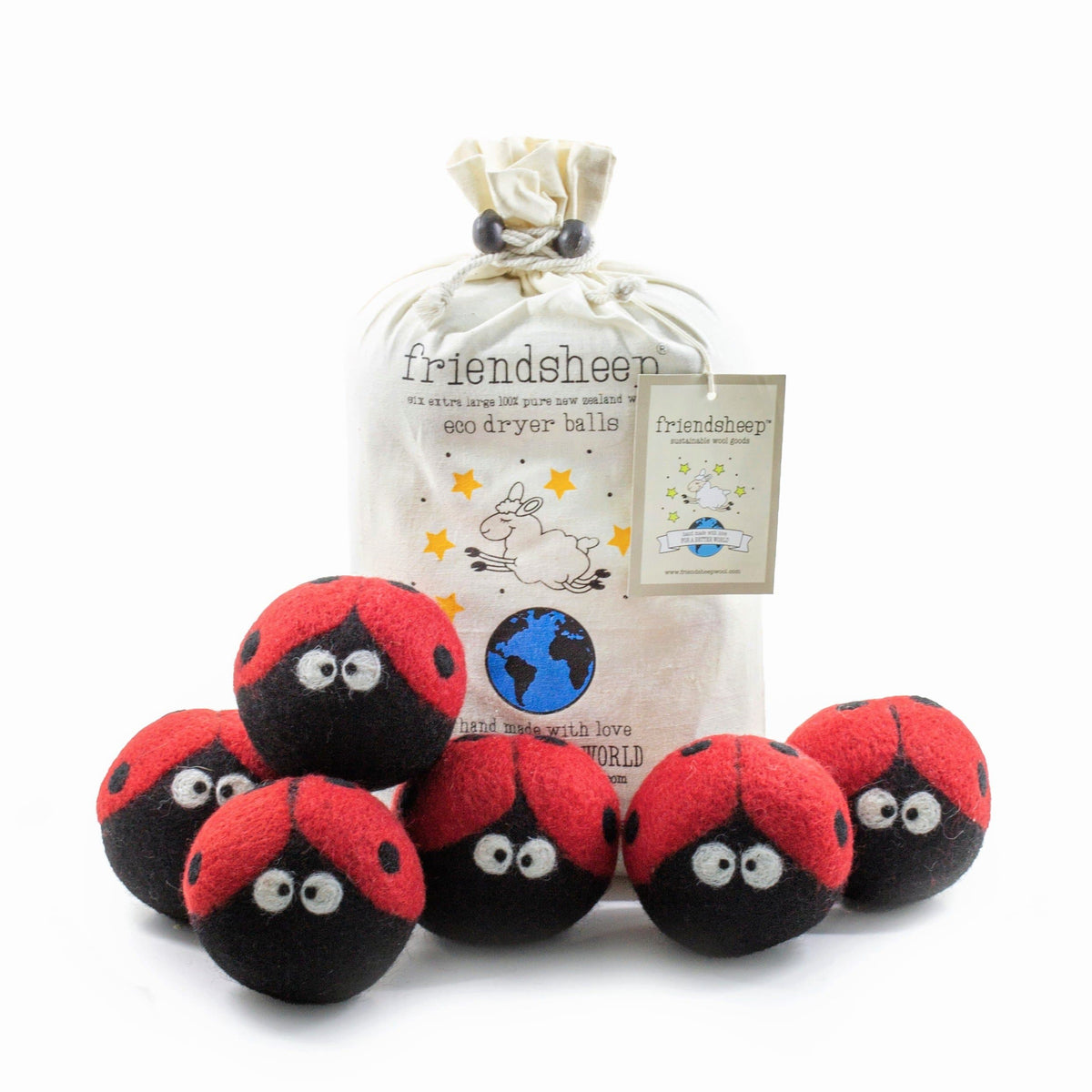 Ladybug-themed dryer balls, red and black plush with white eye faces