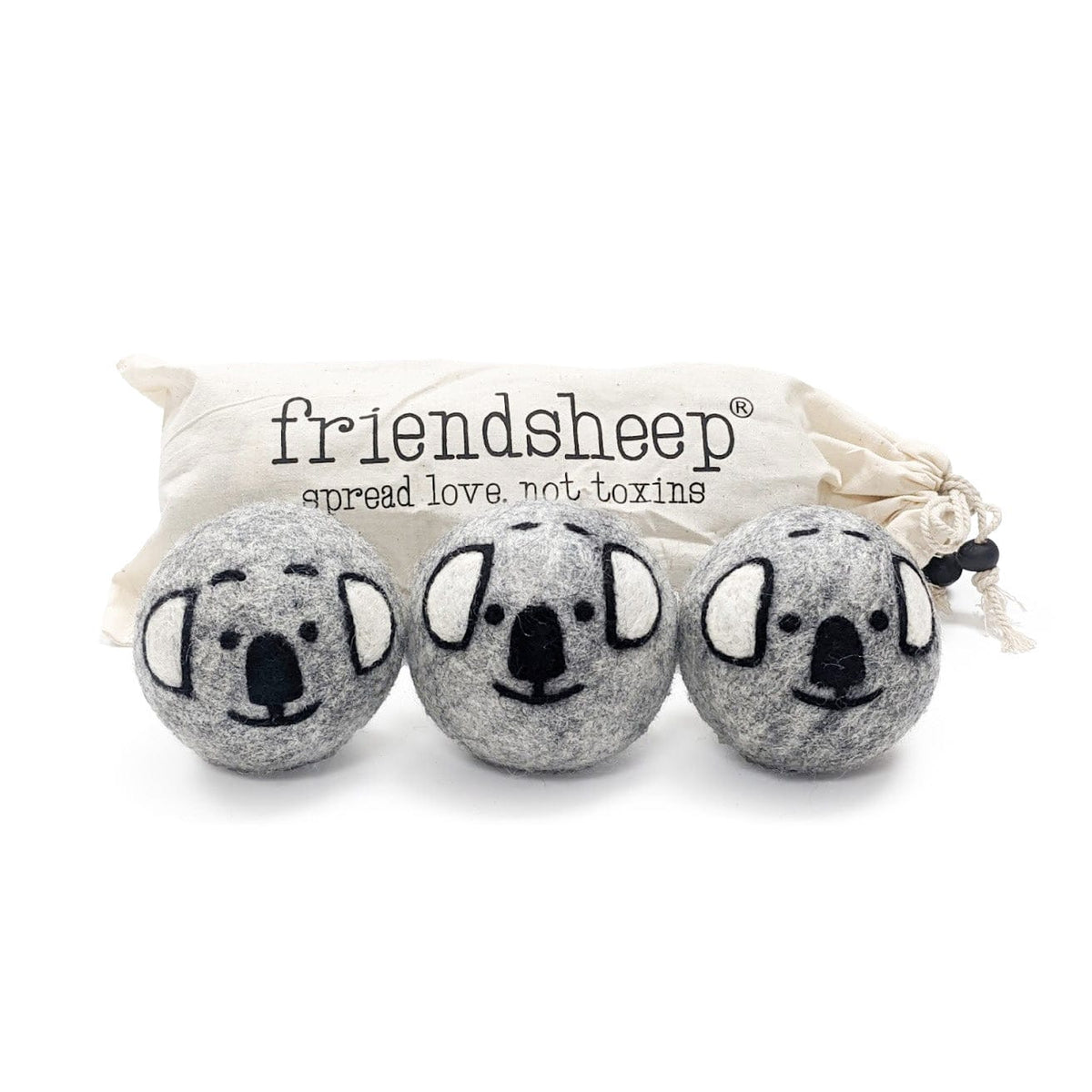 Three gray koala plush toys with embroidered faces in a soft fabric pouch