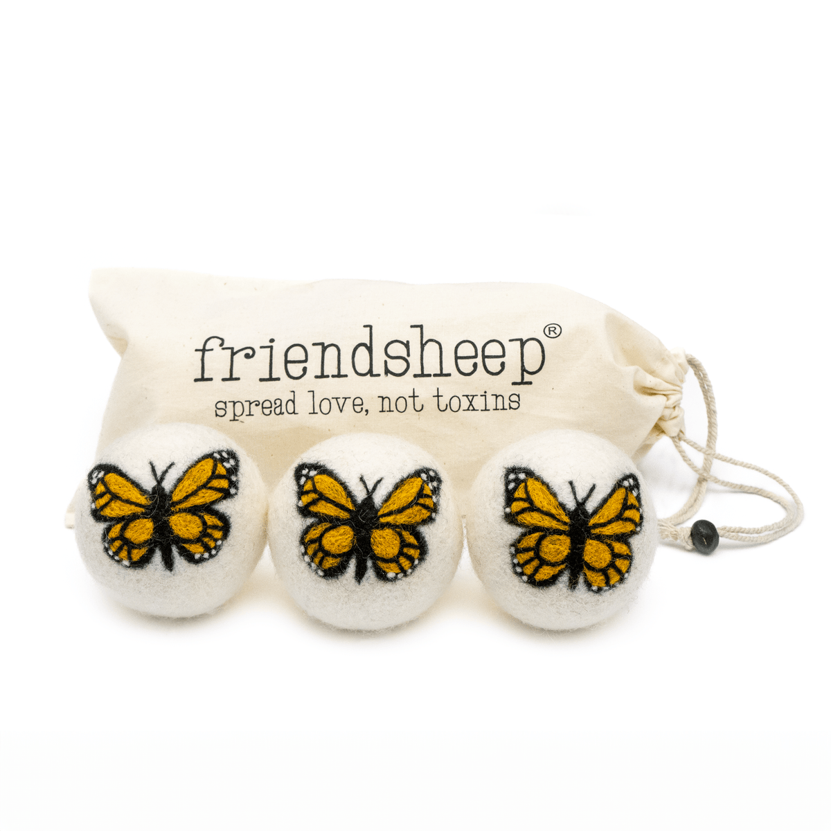 Monarch butterfly felt ball trio with yellow-and-black embroidered butterflies and pouch