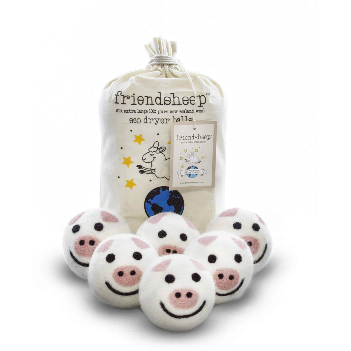 Eco-friendly felt pig-shaped dryer balls set in a drawstring bag