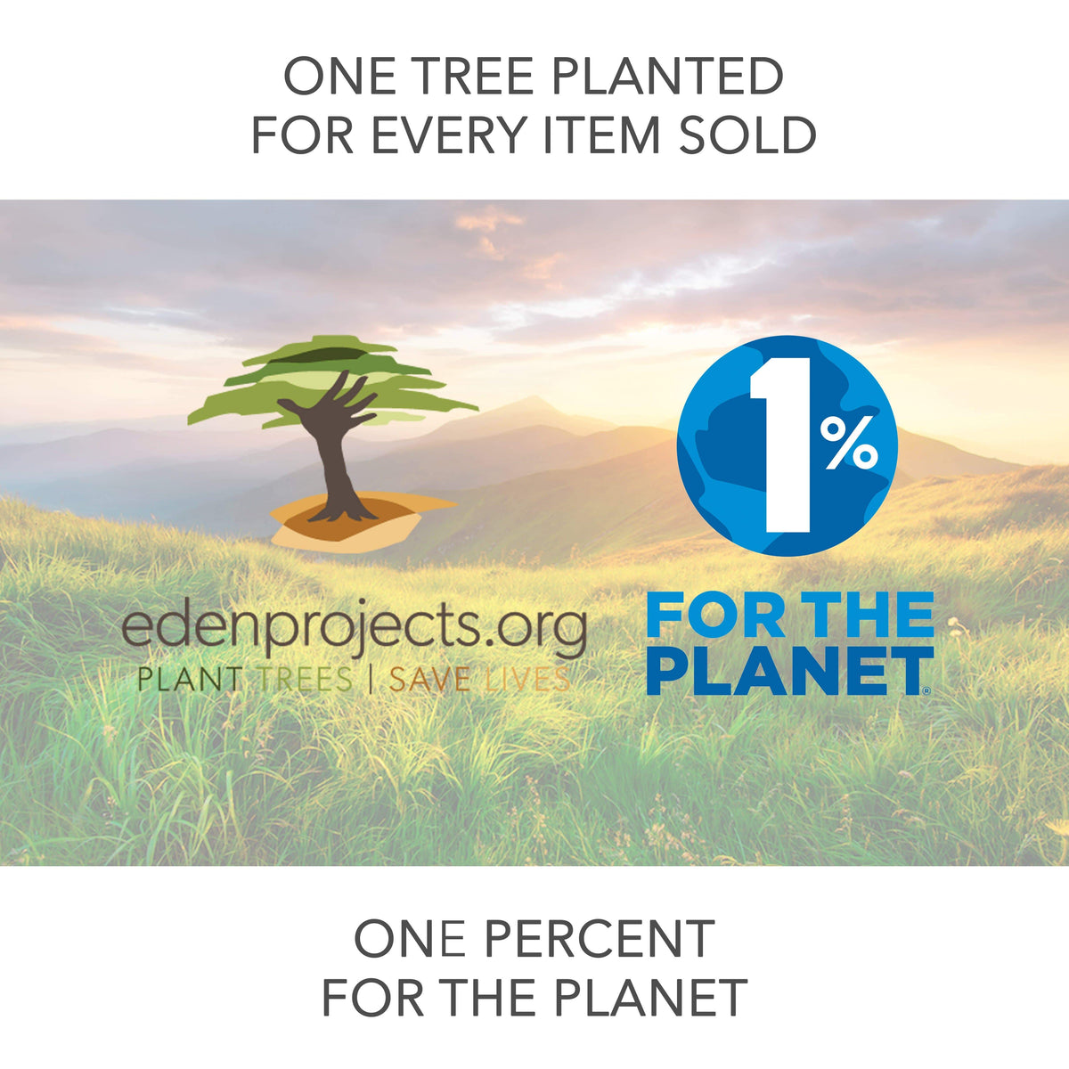 Sustainability promo graphic with tree icon and one percent for the planet text