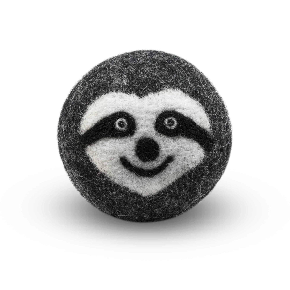 Felt sloth dryer ball with embroidered smiling face, dark gray and white