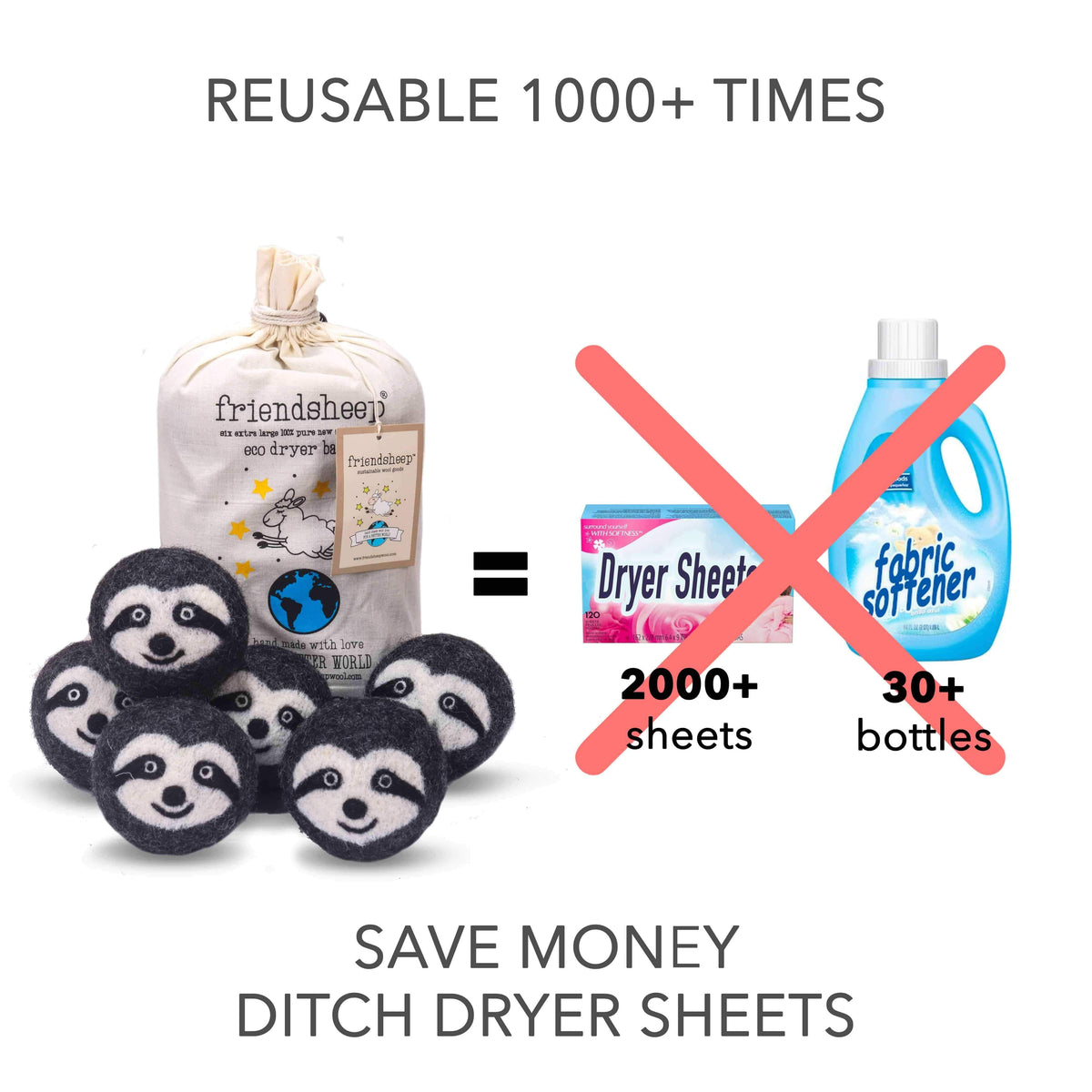 Sloth-themed dryer sheets pouch with plush sloth figures; replaces liquid softener