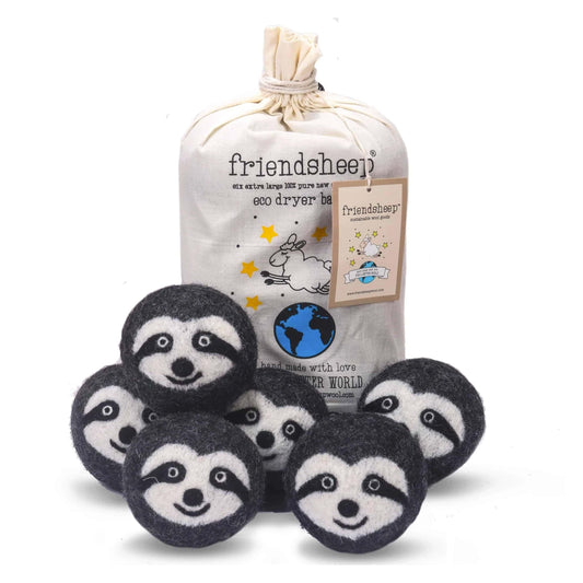 Felt sloth dryer ball set in drawstring bag with embroidered sloth faces