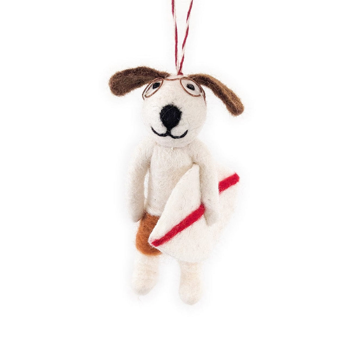 Felt surf dog ornament: beige plush dog with red surfboard stripe, hanging
