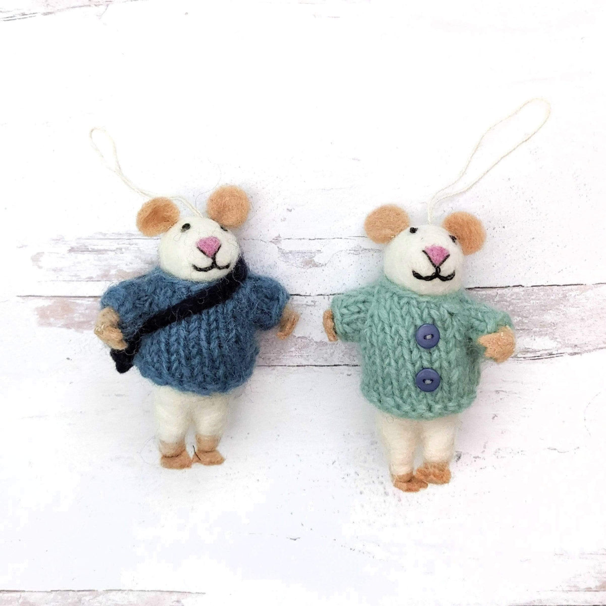 Mouse eco ornaments set of 2: knit sweaters in navy and teal with hanging loops.