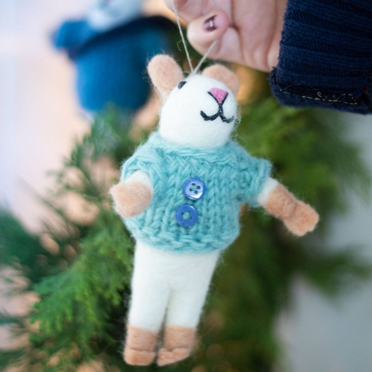 Teal mouse eco ornament with knit sweater and two buttons, hanging yarn loop.