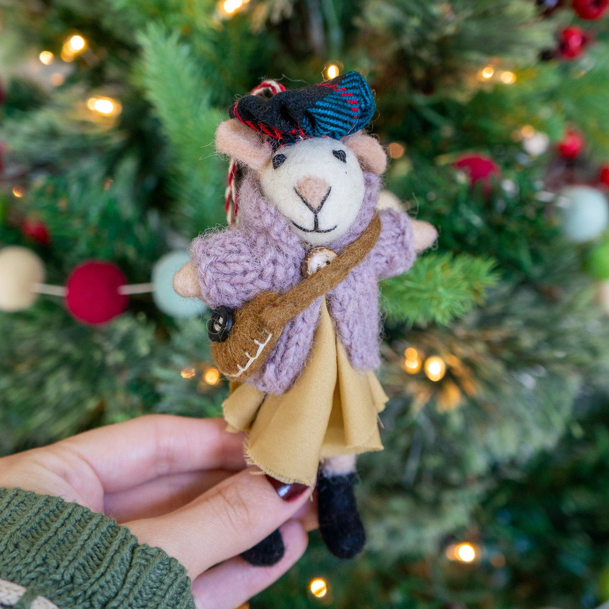 Boho felt mouse eco ornament with guitar and yellow skirt, purple knit coat, hanging loop