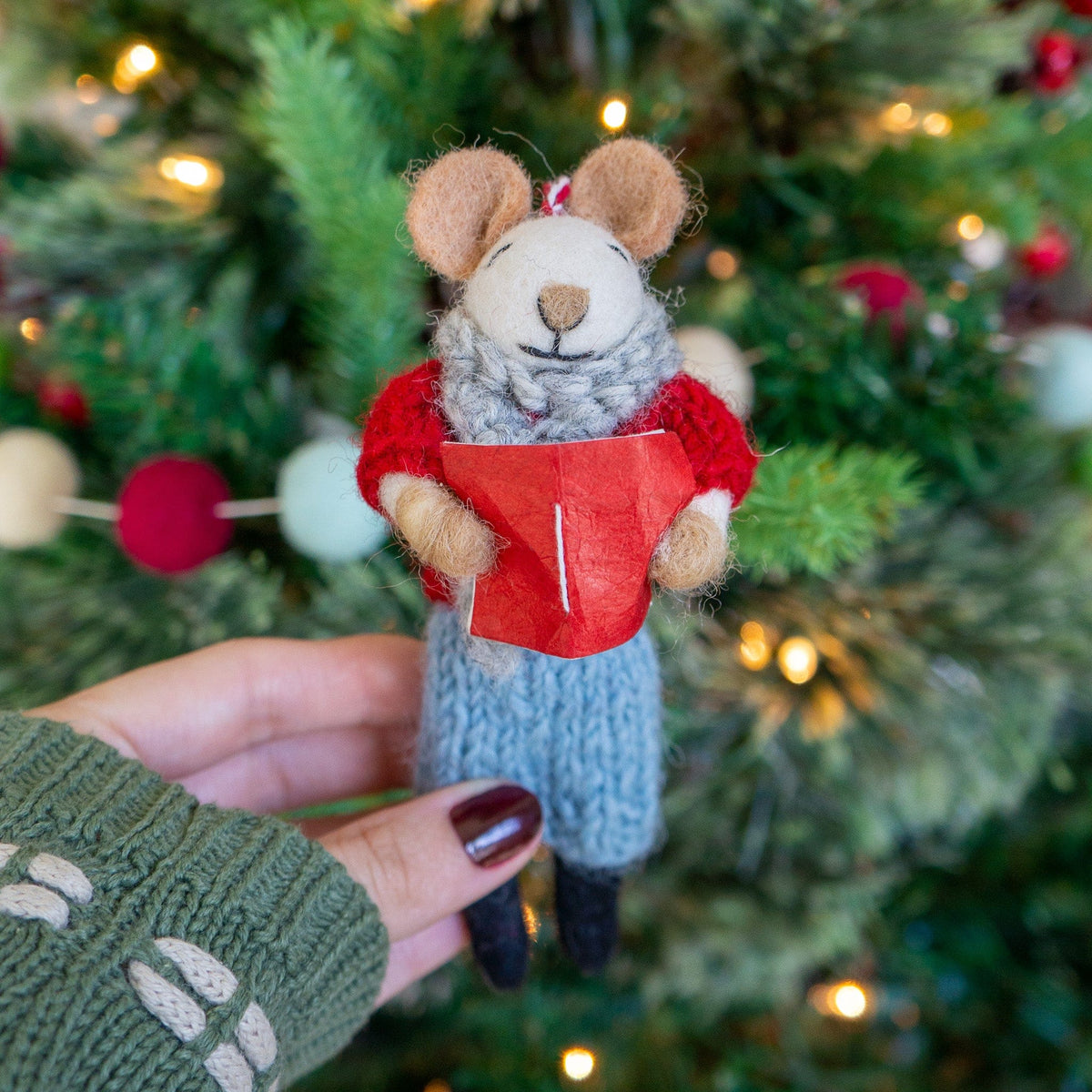 Boho felt mouse eco ornament in blue knit with red gift box, hanging loop