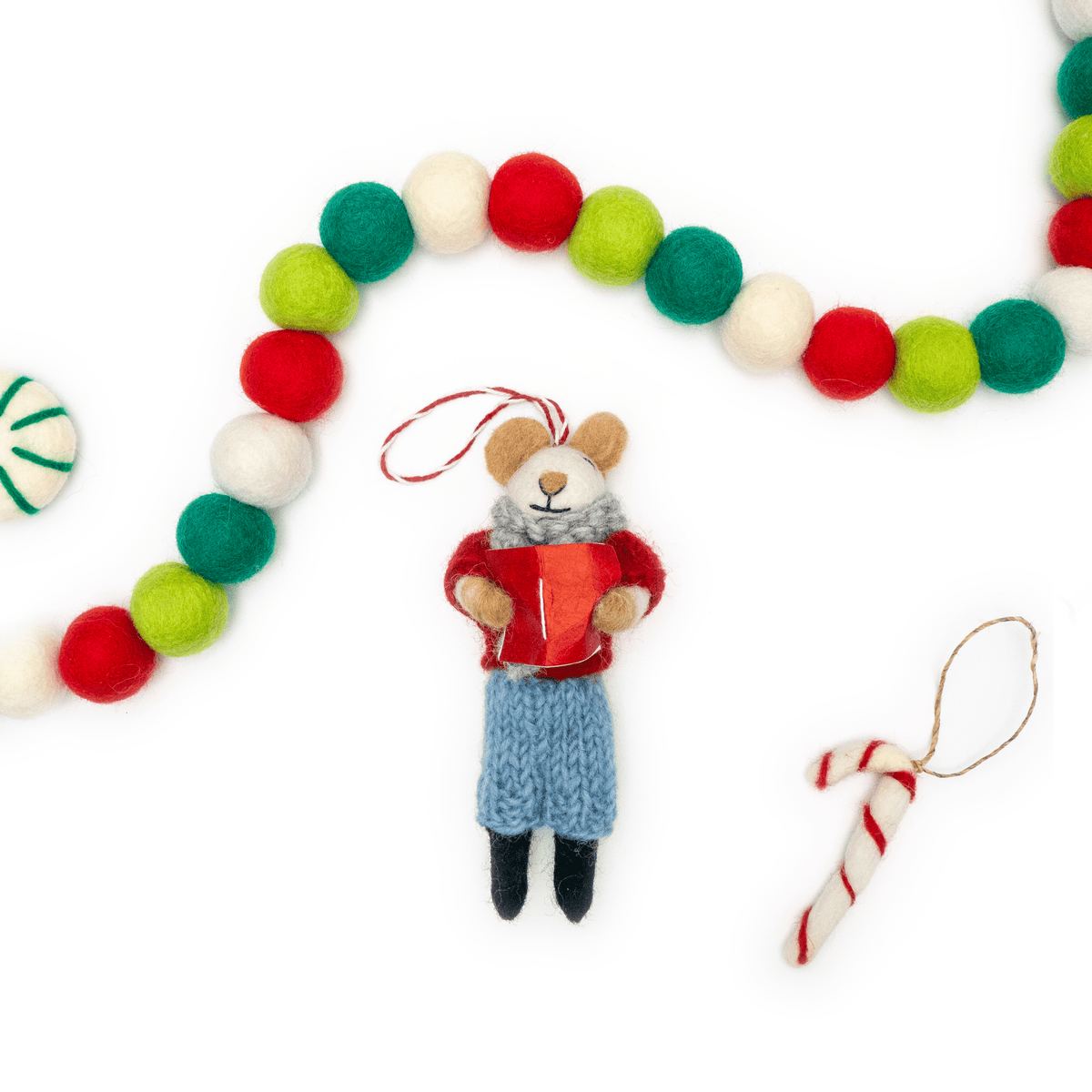Felt mouse ornament on a beaded pom-pom garland with red-and-green beads