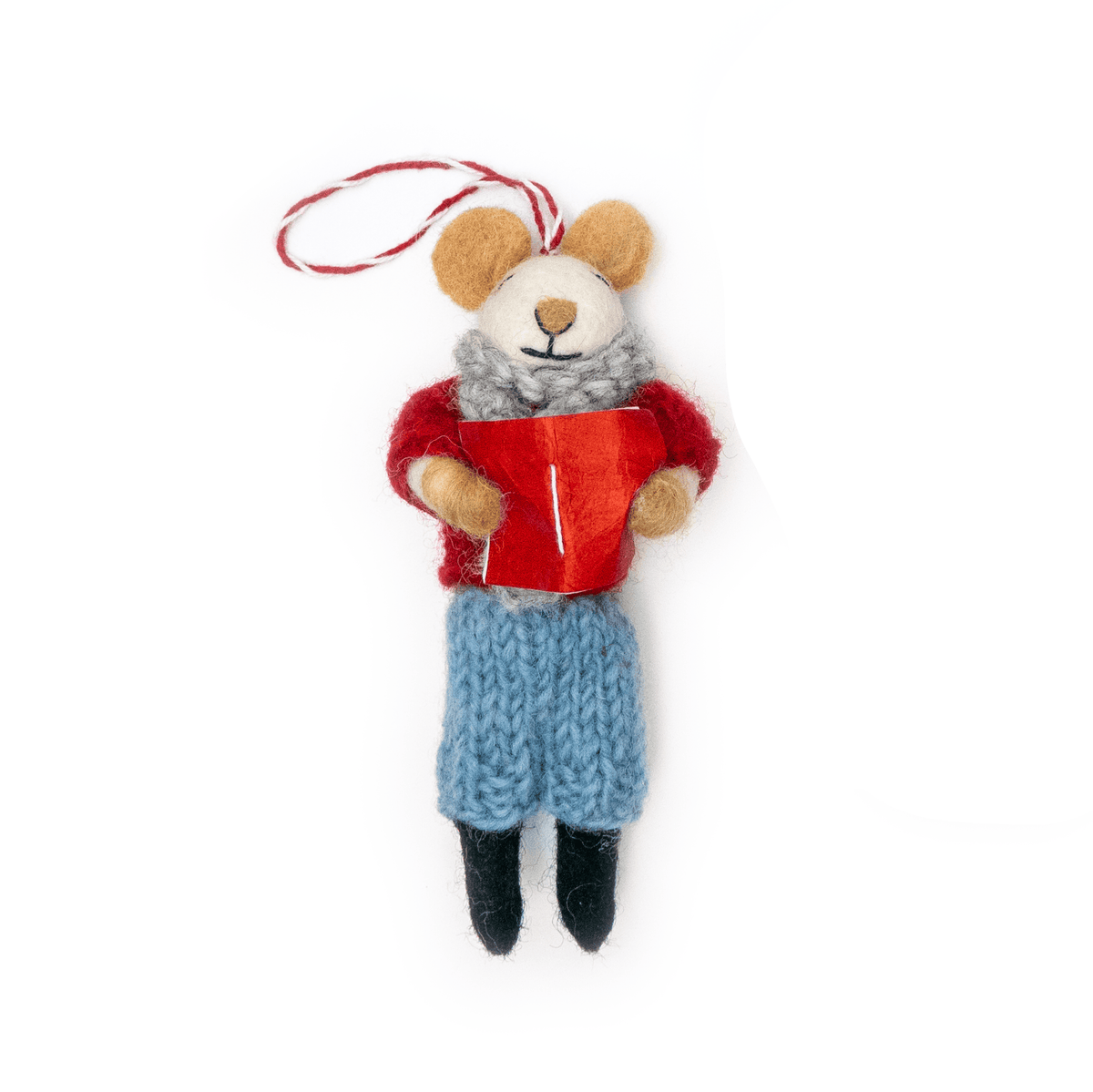 Boho felt mouse eco ornament with red gift, blue knit body, hanging loop