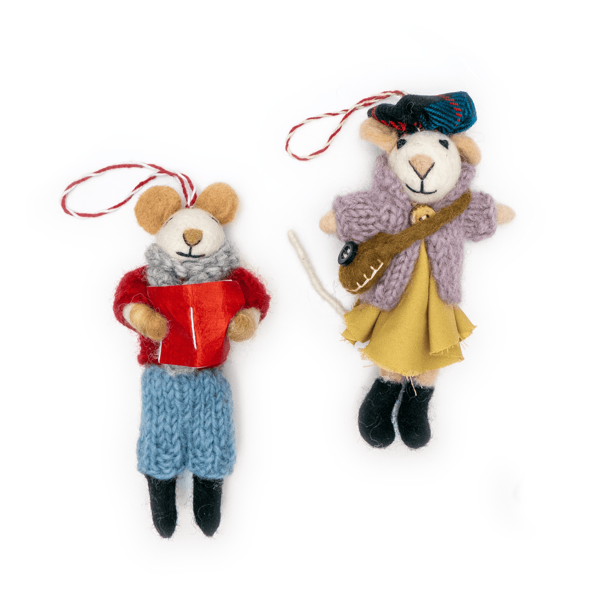 Set of 2 boho felt mouse eco ornaments with red gift and guitar outfit, hanging loop