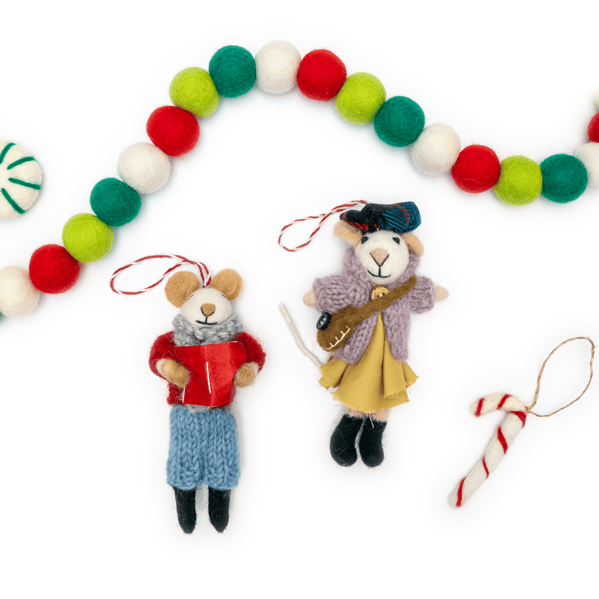 Set of 2 boho felt mouse eco ornaments with hanging loops, guitar and red gift