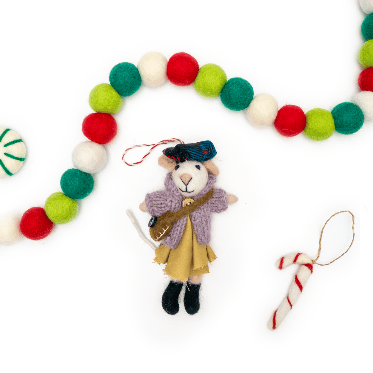 Boho felt mouse eco ornament with guitar and yellow skirt, hanging loop on white