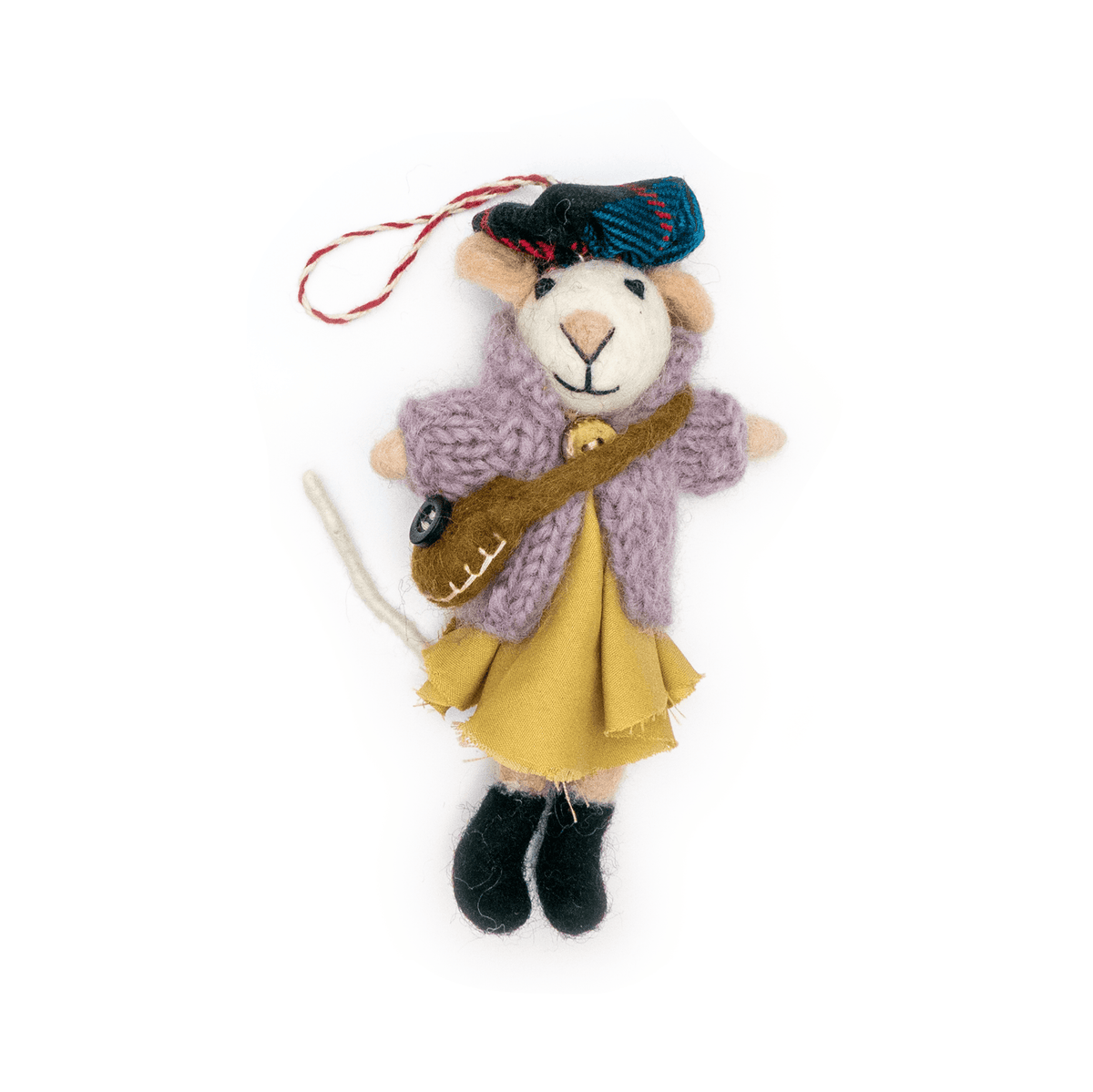 Boho felt mouse eco ornament with guitar, yellow skirt, purple sweater, hanging loop