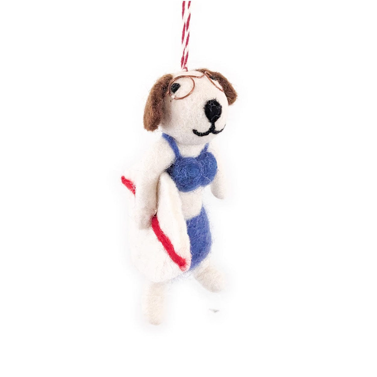 Felt surf dog ornament, white and brown dog wearing blue outfit with red board edge