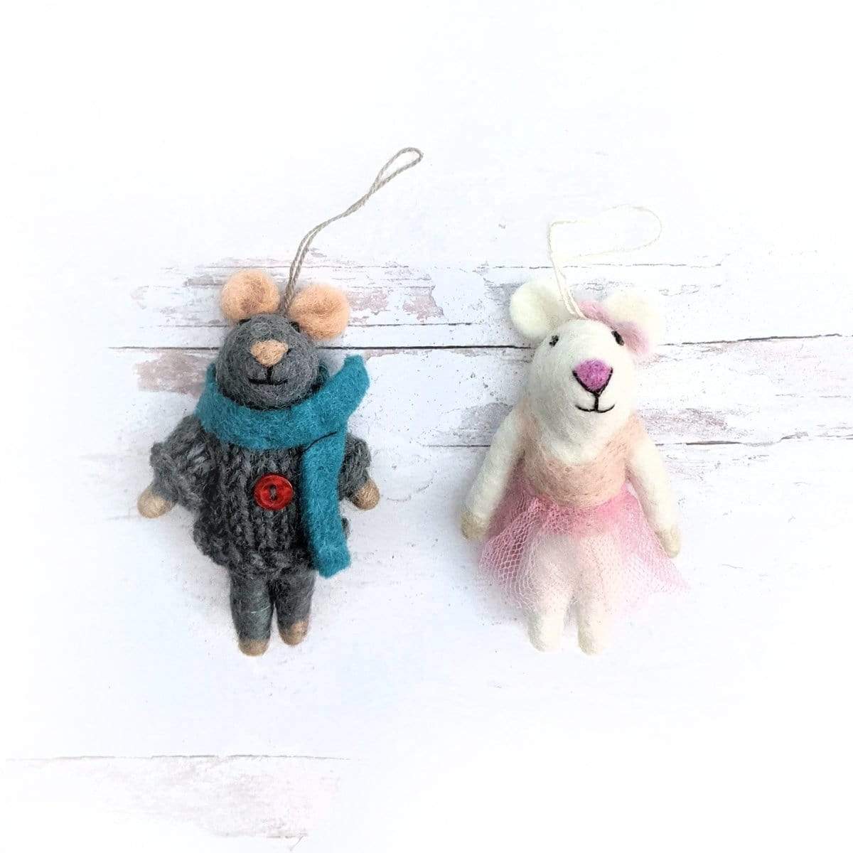 Set of 2 plush mouse eco ornaments, one gray with teal scarf, one white with pink tutu