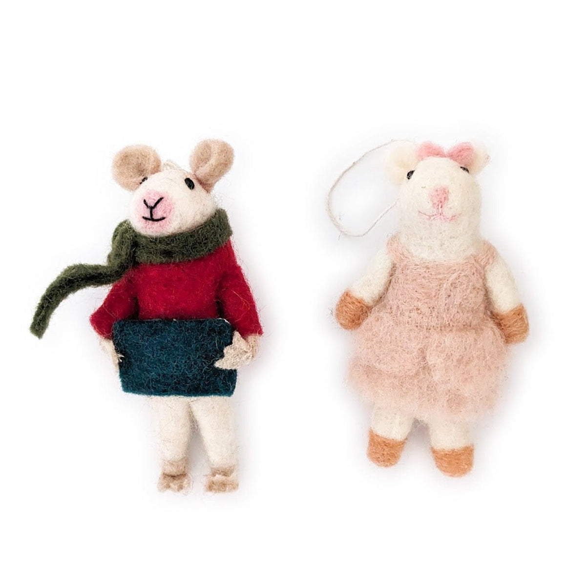 Set of two felt mouse ornaments with hanging loops; green/red mouse and pale pink mouse