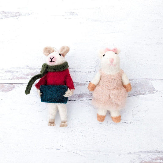 Pair of felt mouse ornaments with hanging loops: green/red mouse and pale pink mouse