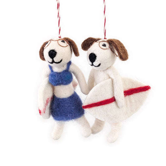 Set of 2 felt surf dog ornaments, two hanging plush dogs in blue and beige