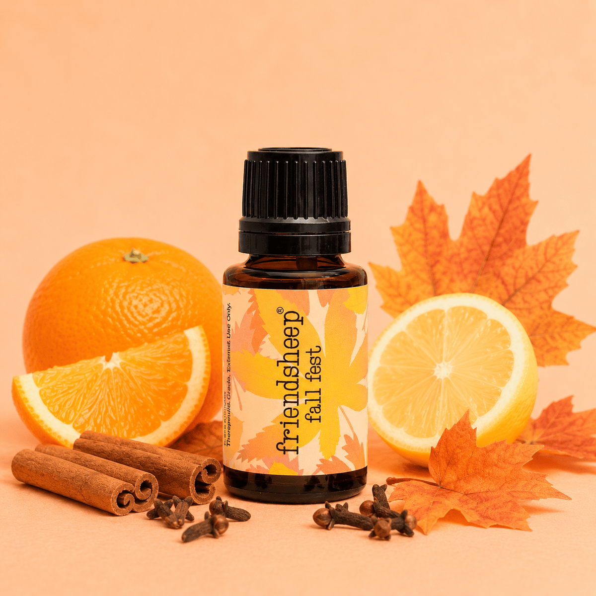 Fall Fest essential oil blend bottle with black ribbed cap and autumn leaf label