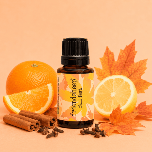 Fall Fest essential oil blend bottle with black ribbed cap and autumn leaf label