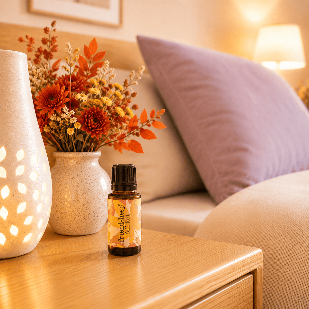Small essential oil bottle with black cap, amber glass, and autumn label on table
